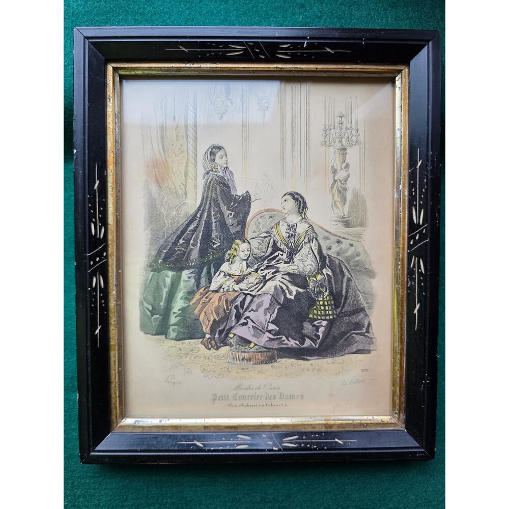 Antique French Fashion Print: Hand-Colored Lithograph, c.1840s Framed